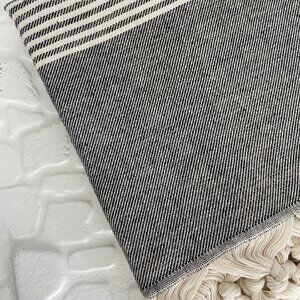 Black and Cream Striped Beach Towel with Fringe